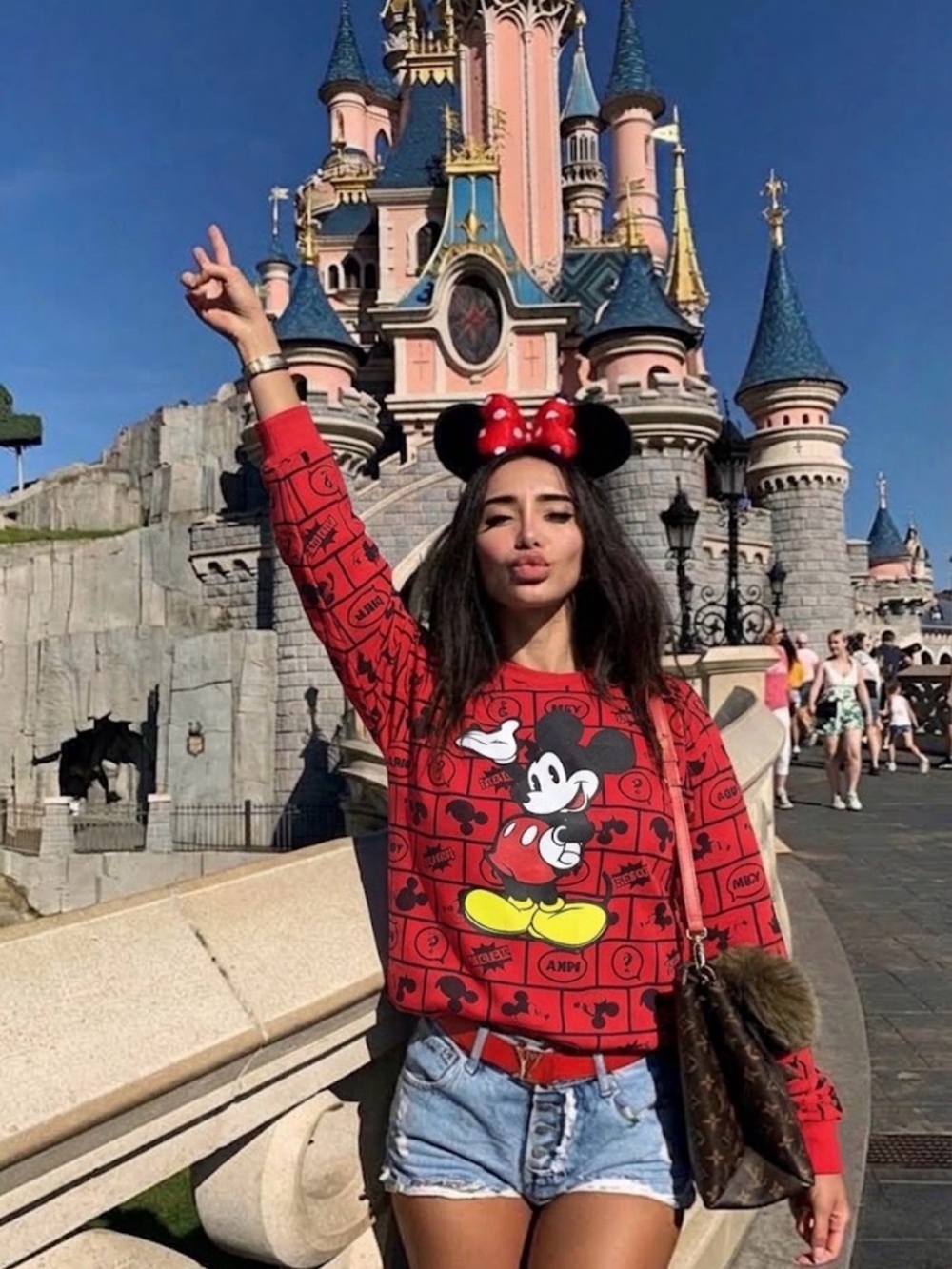 Disney Mickey Mouse Red All Over Print Graphic Crewneck Sweatshirt